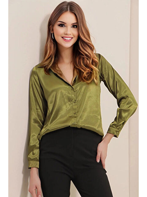 Hazelin Kadın Yağ Yeşili Saten Yüzeyli Gömlek HZL25W-BD139641 - S000228129-17346