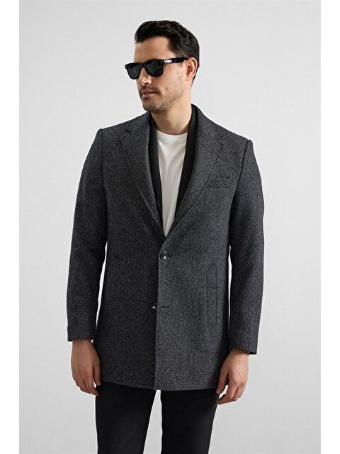 Süvari Siyah Slim Mono Yaka Yan Cepli Kaban