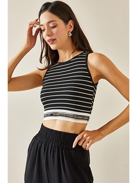Xhan Siyah Çizgili Bisiklet Yaka Askılı Crop Bluz 5YXK2-48671-02 - S000229759-19351