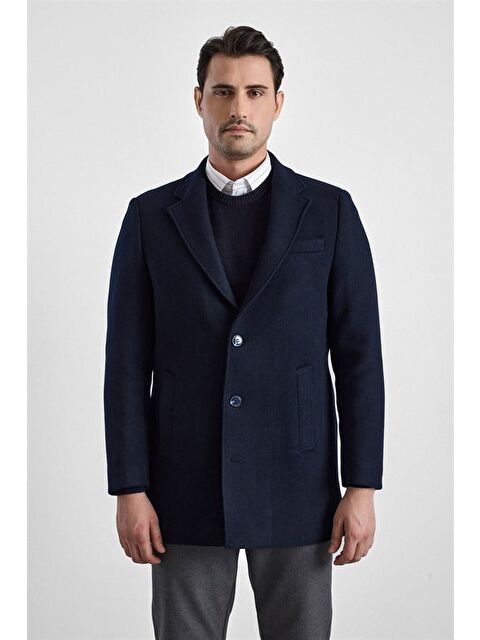 Süvari Lacivert Slim Mono Yaka Düz Yan Cepli Düğmeli Dolgusuz Standart Kaban