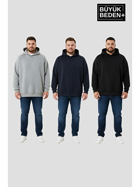 Süperlife Erkek Büyük Beden 3 lü Set Kollar Ve Etek Ribanalı ince Kapüşonlu Swatshırt SPR26BSW957+3 - S000497671-3491