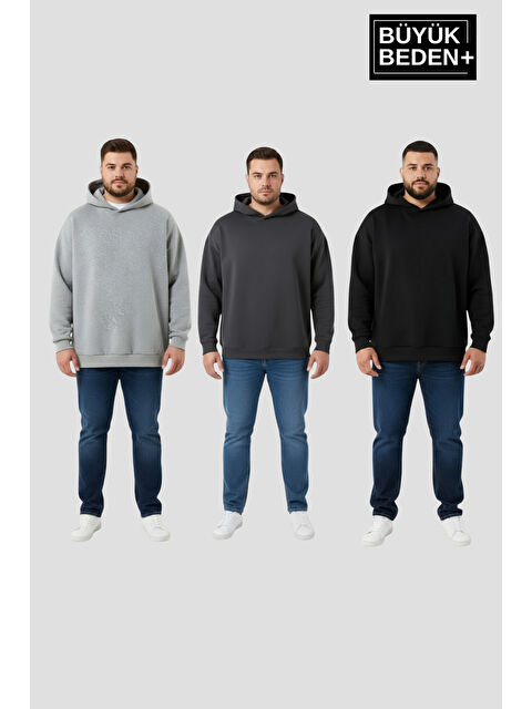 Süperlife Erkek Büyük Beden 3 lü Set Kollar Ve Etek Ribanalı ince Kapüşonlu Swatshırt SPR26BSW957+3 - S000497671-37491