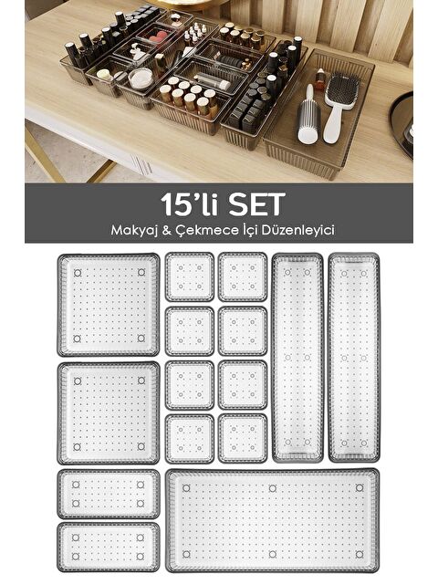 Meleni Home 15'li Çekmece İçi Organizer Kozmetik Takı Makyaj Organizeri Dolap İçi Düzenleyici Antrasit - S000385531-29666