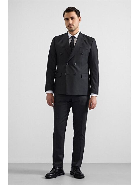 Süvari Siyah Slim Kruvaze Yaka 6 Drop Takım Elbise