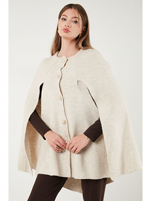 Lela Oversize Fit Bisiklet Yaka Pelerin Kol Düğmeli Kadın Panço 4617015 - S000485305-25636