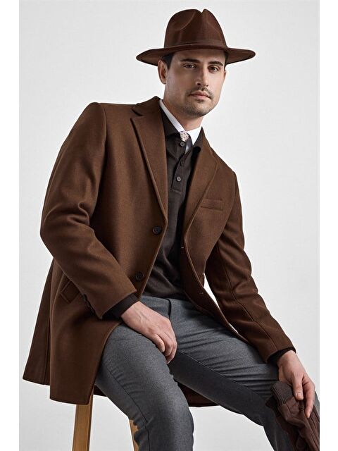 Süvari Koyu Kahve Slim Mono Yaka Düz Yan Cepli Düğmeli Dolgusuz Rüzgar Geçirmez Kaban