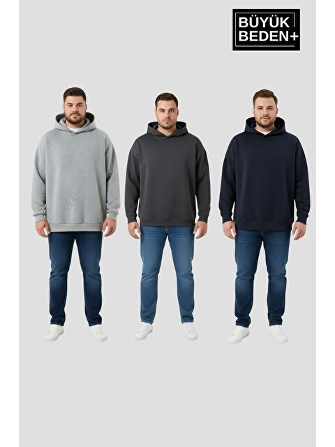 Süperlife Erkek Büyük Beden 3 lü Set Kollar Ve Etek Ribanalı ince Kapüşonlu Swatshırt SPR26BSW957+3 - S000497671-37655