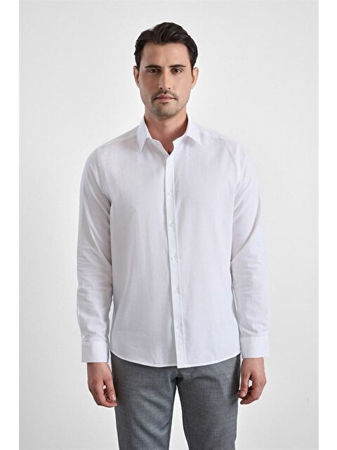 Süvari Beyaz Slim Klasik Yaka Düz Casual Gömlek
