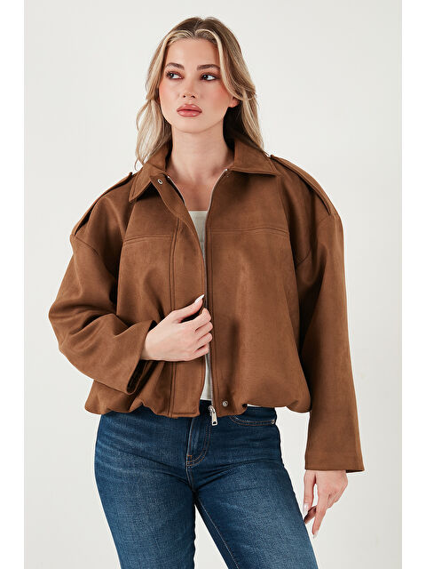 Lela Oversize Fit Klasik Yaka Süet Dokulu Bomber Ceket Mont 6524932 - S000485306-14955
