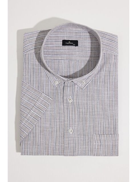 TUDORS Erkek Big Size Büyük Beden %100 Pamuk Düğmeli Yaka Keten Doku Cepli Çizgili Lacivert Gömlek - S000524487-23173