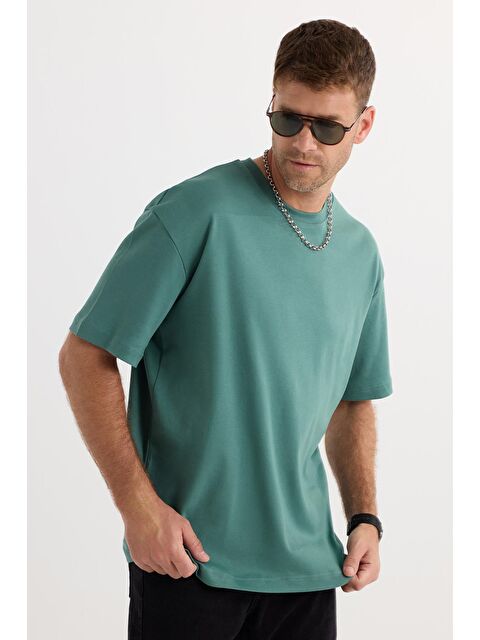 TUDORS Unisex Oversize Geniş Kesim %100 Pamuk Yumuşak Dokulu Basic Bisiklet Yaka Yeşil Tişört - S000524488-18194