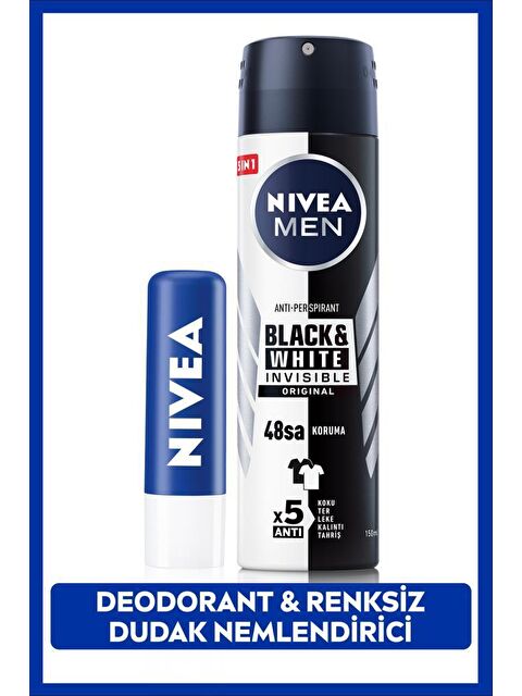 NIVEA MEN Erkek Sprey Deodorant Black&White Invisible Original 150ml ve Original Care Renksiz Dudak Kremi - S000146166-26865