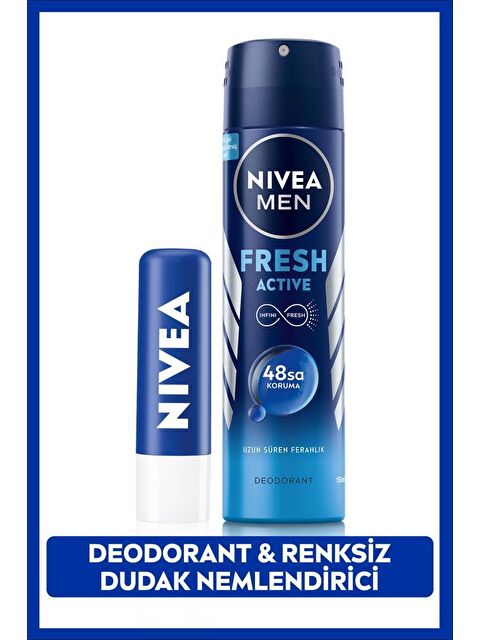 NIVEA MEN Erkek Sprey Deodorant Fresh Active 150ml ve Original Care Renksiz Dudak Bakım Kremi - S000146167-26865