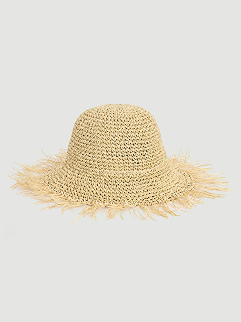Luminos Butik Bej Doğal Dokulu El Örgüsü Hasır Şapka - Kenarları Püsküllü Geniş Kenar, Yazlık Aksesuar HSR2097 - S000375076-19928