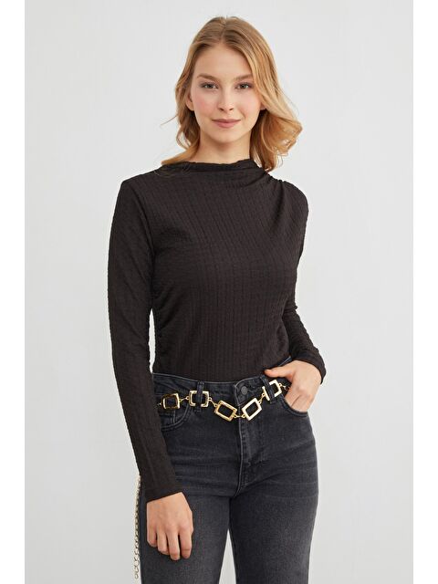 Fullamoda Gofre Kumaş Dik Yaka Drapeli Bluz - S000446051-19351