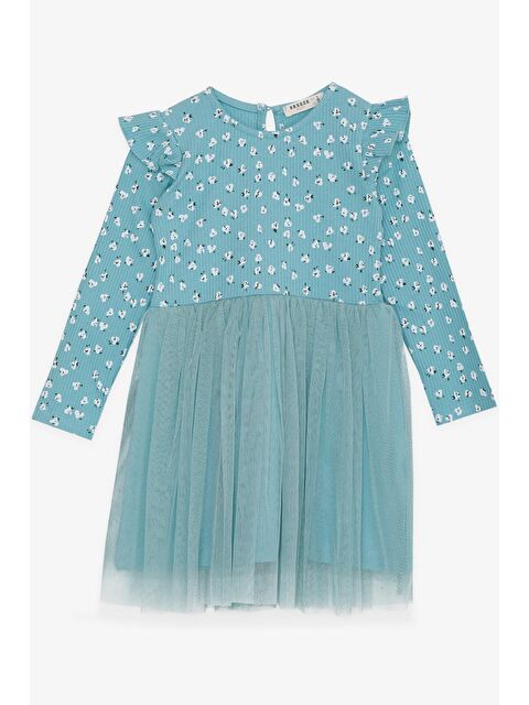 Breeze Kız Çocuk Uzun Kollu Elbise Çiçek Desenli Omzu Fırfırlı Su Yeşili (3 Yaş) - S000109319-20054