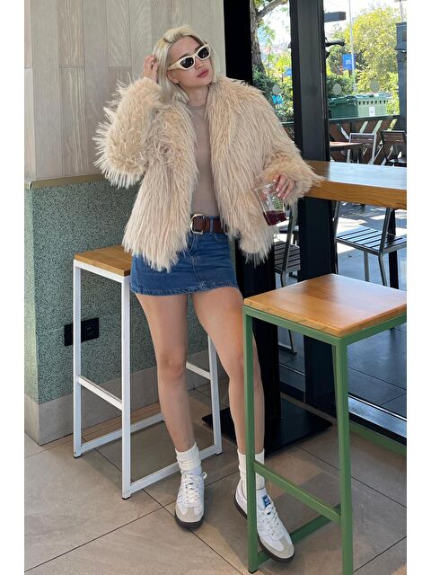 Madmext Bej Şal Yaka Kadın Suni Kürk Mont Mg2169 - S000256680-19928