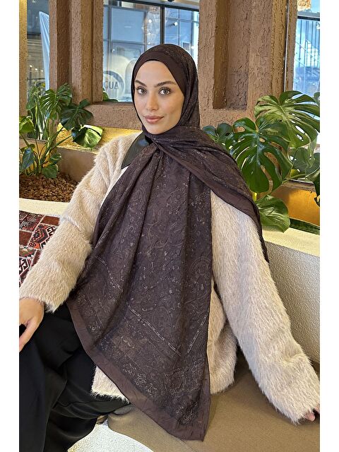 Lamelif Retro Desen Bambu Şal Acı Kahverengi - S000529576-28102