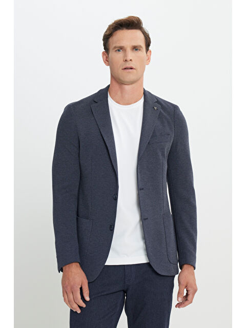 Altınyıldız Classics Erkek Lacivert Slim Fit Dar Kesim Mono Yaka Desenli Torba Cepli Ceket