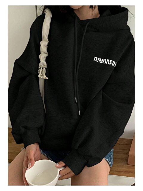 Trendseninle Kadın Siyah Inmodern Baskılı Oversize Kapüşonlu Sweatshirt Hoodie - S000256686-19351