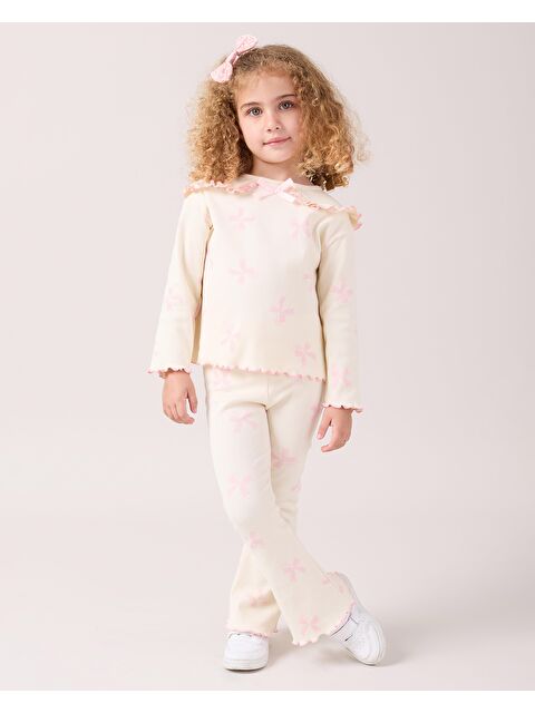 Magu Kız Çocuk Pamuklu Ekru Pembe Fiyonklu Ribana Takım - Uzun Kollu Üst Ve İspanyol Paça Alt - S000421087-20024