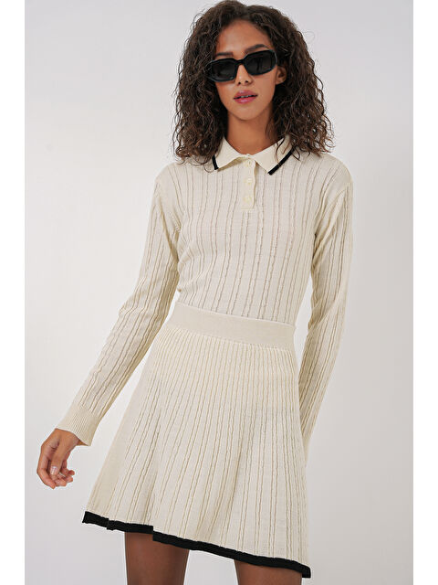 Bigdart 15907 Kadın Polo Yaka Kazak Etek Triko İkili Takım - Krem - S000316329-19966