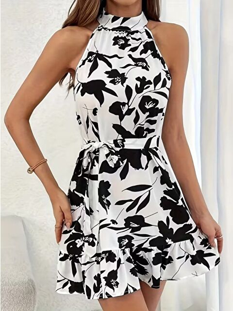 Jane's Kadın Omuzlardan Açık Balıkçı Yakalı Kuşaklı Desenli Kısa Süprem Elbise