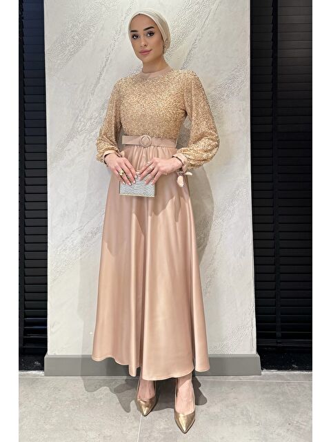 Julude Taş İşlemeli Kemerli Tesettür Saten Abiye Elbise - S000386619-7152