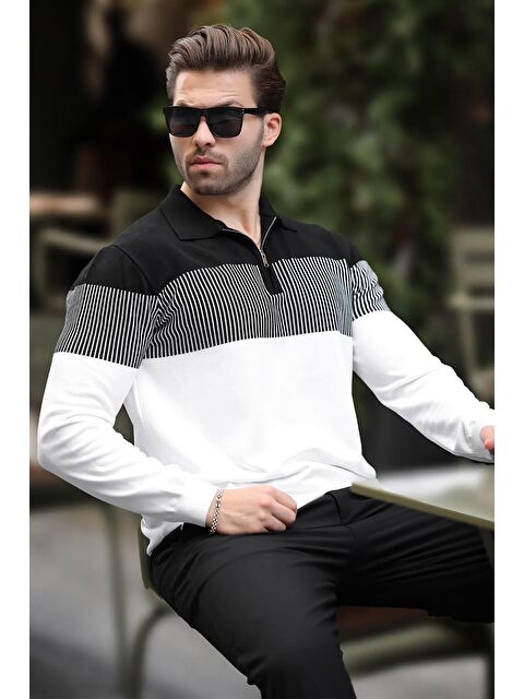 Madmext Beyaz Fermuar Yaka Renk Bloklu Uzun Kollu Kazak 7262 - S000286962-20063