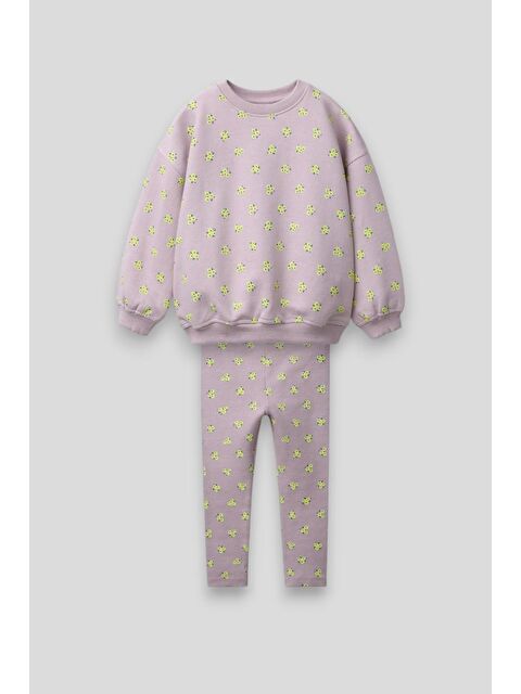 Magu Kız Çocuk Pamuklu Lila Çiçek Desenli Sweatshirt Ve Tayt Takım - S000422456-23173