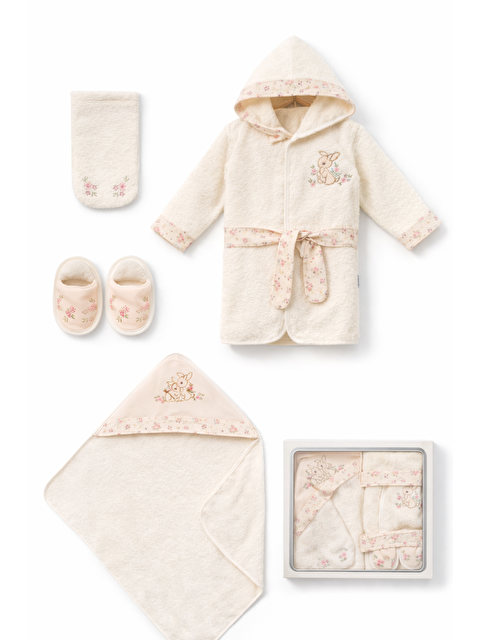 Verona Tarz Kız Bebek 4lü Kutulu Lüx Hediyelik Bornoz Havlu Seti Takımı 0-24ay Pamuklu - S000515142-19965