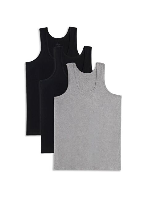 TUDORS 3 Adet Compact Penye Siyah-Gri Erkek Atlet %100 Pamuk Standart Fit Normal Kesim 3'Lü Paket - S000524507-23173