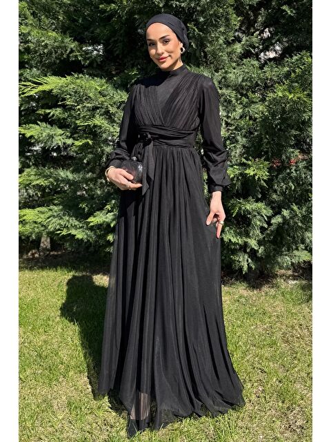Julude Kadın Piliseli Bel Kuşak Detaylı Tüllü Tesettür Abiye - S000386618-19351