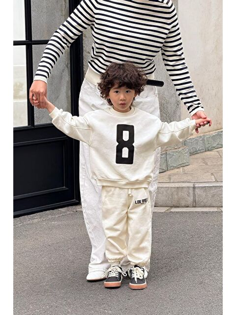 Magu Erkek Çocuk Pamuklu Ekru 8 Baskılı Sweatshirt Ve Eşofman Alt Takım - S000422463-19965
