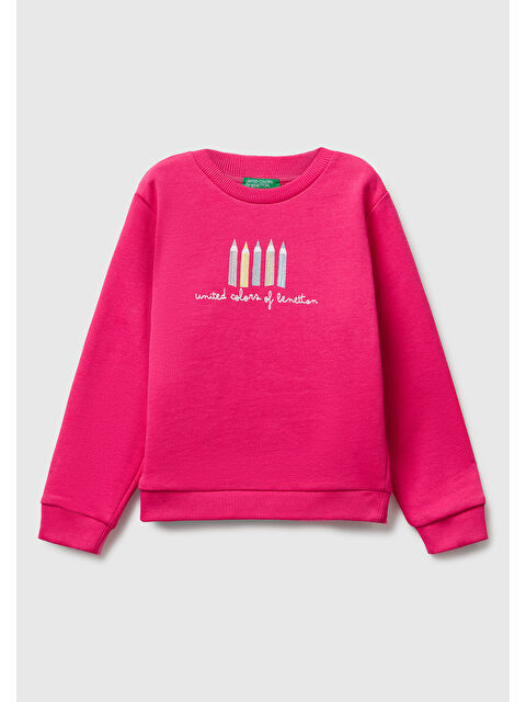 United Colors Of Benetton Kız Çocuk Pembe Önü Simli Logo Baskılı Nervürlü Regular Fit Sweatshirt - S000424642-20024
