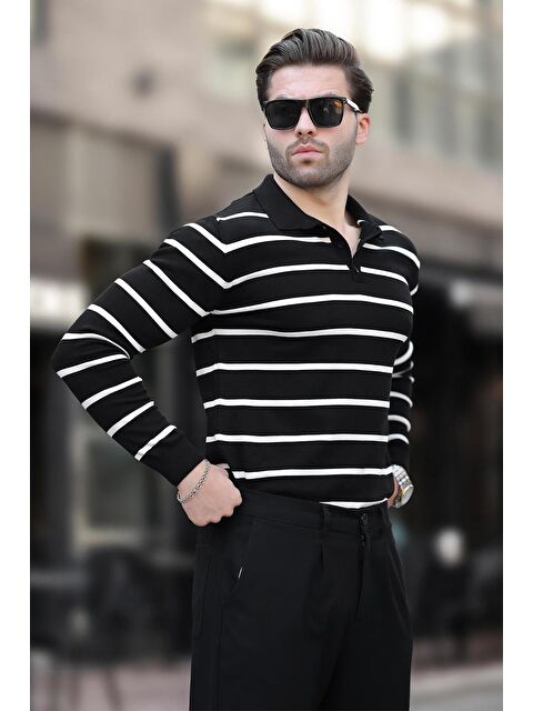 Madmext Siyah Düğmeli Polo Yaka Çizgili Uzun Kollu Kazak 7263 - S000286964-19351