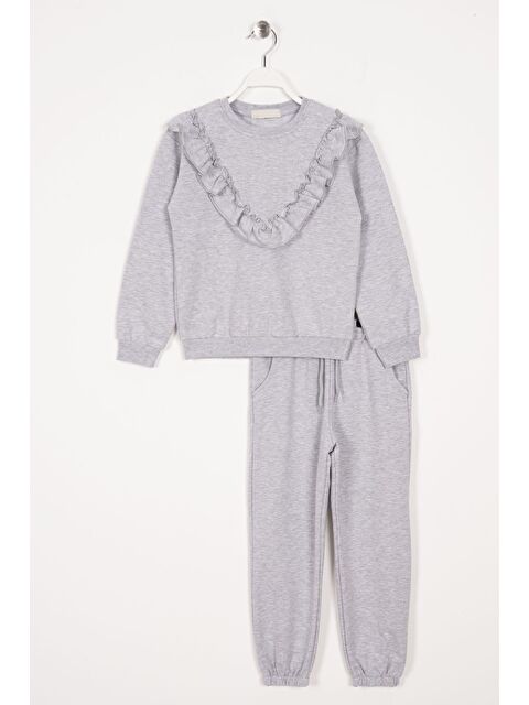 Zepkids Bisiklet Yaka Uzun Kol Fırfır Detaylı Gri Renk Kız Çocuk İkili Takım - S000356774-20600