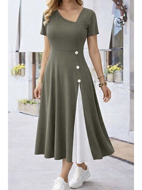 Jane's Kadın Kısa Kollu Asimetrik Yakalı Düğme Detaylı Midi Viskon Elbise