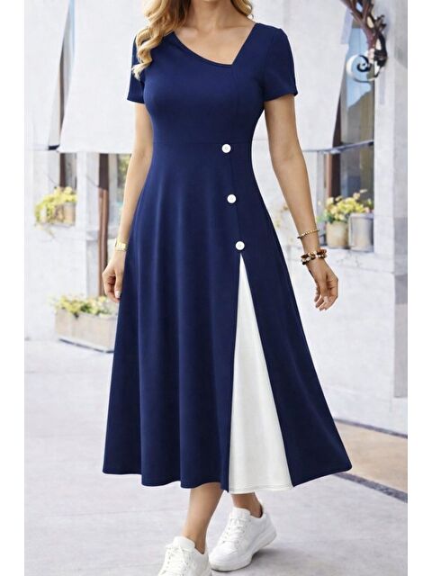 Jane's Kadın Kısa Kollu Asimetrik Yakalı Düğme Detaylı Midi Viskon Elbise