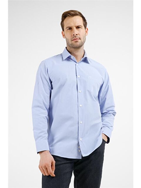 İMZA Mavi - Beyaz Kareli Desen Sert Yaka Uzun Kol Cepli Comfort Fit Pamuklu Gömlek 1004255207 - S000505524-37368
