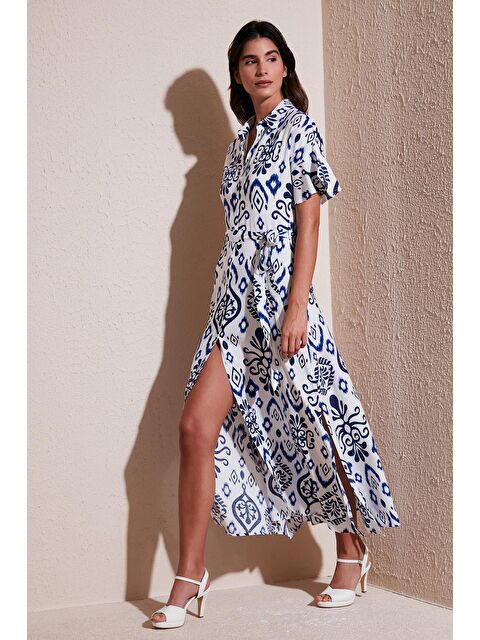 Lela Desenli Yırtmaçlı Gömlek Yaka Maxi Elbise 611El502 - S000159691-20063