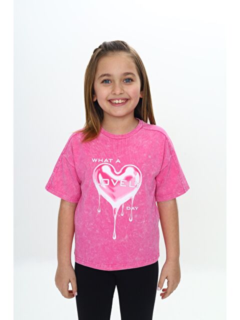 Toontoykids Kız Çocuk Yıkamalı Kalp Baskılı Tişört - S000359710-29707