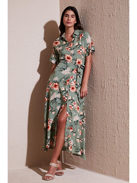Lela Desenli Yırtmaçlı Gömlek Yaka Maxi Elbise 611El502 - S000159691-17346