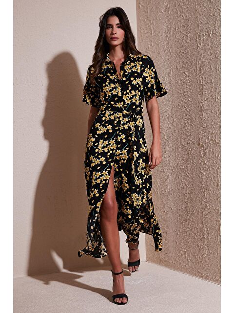 Lela Desenli Yırtmaçlı Gömlek Yaka Maxi Elbise 611El502 - S000159691-37446