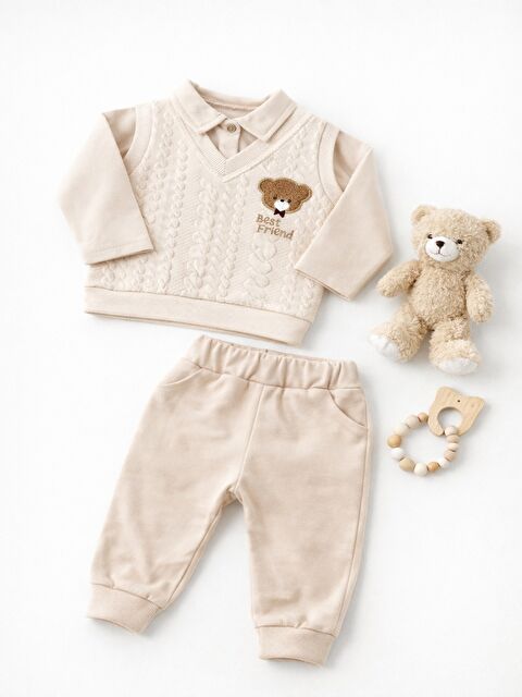 Verona Tarz Erkek Bebek 2’li Takım Triko Süveter Detaylı Ayıcıklı Uzun Kollu Alt Üst Set - S000502780-19927