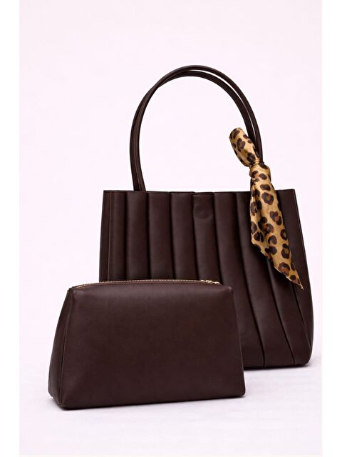 My Kids Wear Kadın Piliseli Omuz Çantası ve Cüzdan Seti - Desenli Eşarp Detaylı El ve Kol Çantası 12674