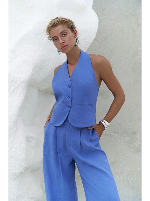 Bohemai Dena Sırt Dekolteli Saks Mavi Keten Yelek Pantolon Takım - S000393132-23710