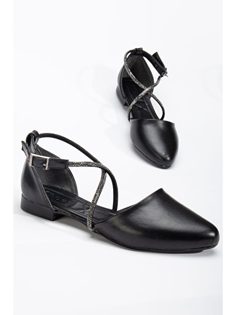 TONNY BLACK Kadın Siyah Çapraz Taş Halat Detaylı Bilekten Bağlamalı Babet - S000493905-19351