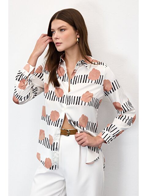 SATEEN Desenli Klasik Gömlek - Mocha - S000506907-26423