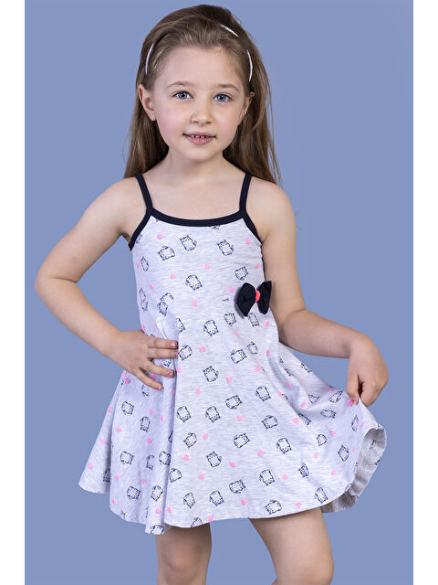 Toontoykids Kız Çocuk Kedi Desenli Fiyonk Detaylı Volanlı Elbise - S000376314-74